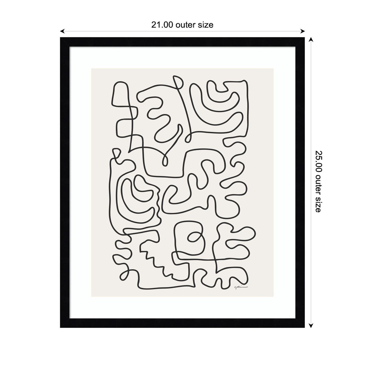 Black abstract continuous line patterns on white background, framed in simple black with 21x25 inch outer size indicated by arrows above and beside frame.