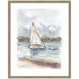 Framed watercolor print of a sailboat gliding on calm water with pastel sky, set in a Woodgrain Stripe Mocha frame