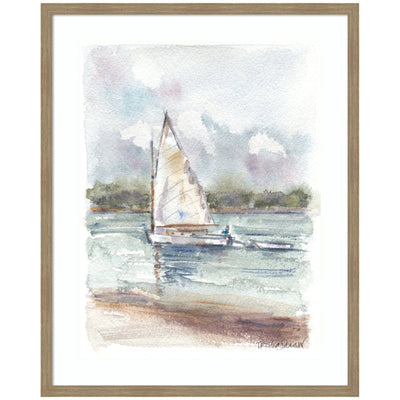 Framed watercolor print of a sailboat gliding on calm water with pastel sky, set in a Woodgrain Stripe Mocha frame