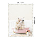 A mother polar bear and her cub cuddling together in a pink clawfoot bathtub with a white towel, set against a white background with a vase of pink roses on the floor.