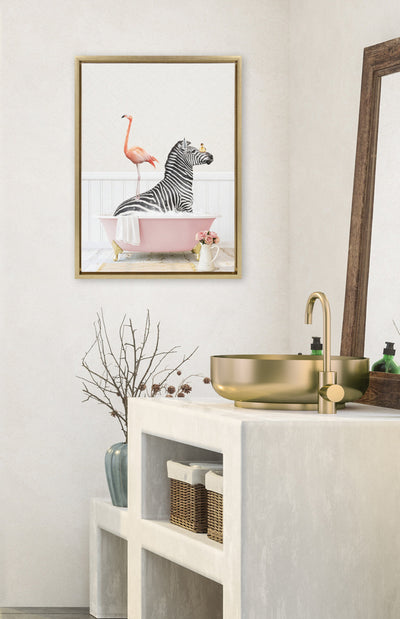 Sylvie Zebra and Flamingo in Cottage Rose Bathtub Framed Canvas by Amy Peterson