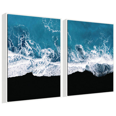 Framed canvas art set depicting minimalist ocean waves on a beach by Michael Schauer
