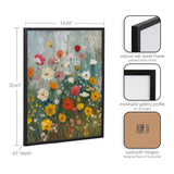 Framed floral artwork featuring various colorful wildflowers against a muted green and gray background, displayed in a slim black oak wood frame.