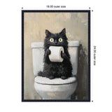 Painting of a wide-eyed black cat sitting on a white toilet seat, holding a roll of toilet paper against a muted beige background.