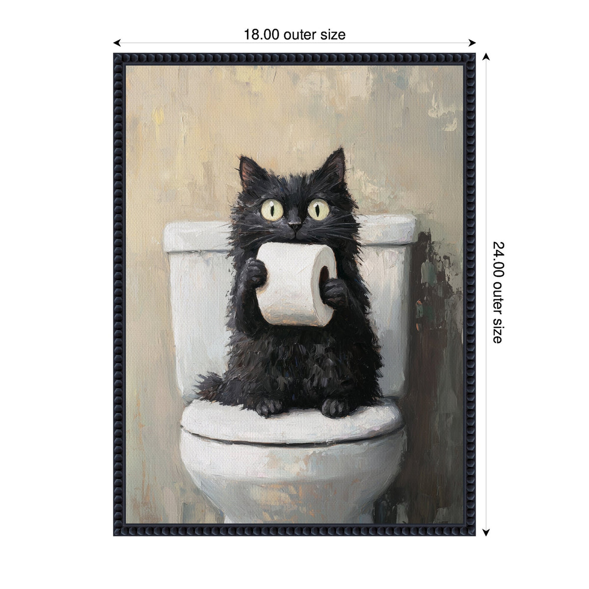 Painting of a wide-eyed black cat sitting on a white toilet seat, holding a roll of toilet paper against a muted beige background.