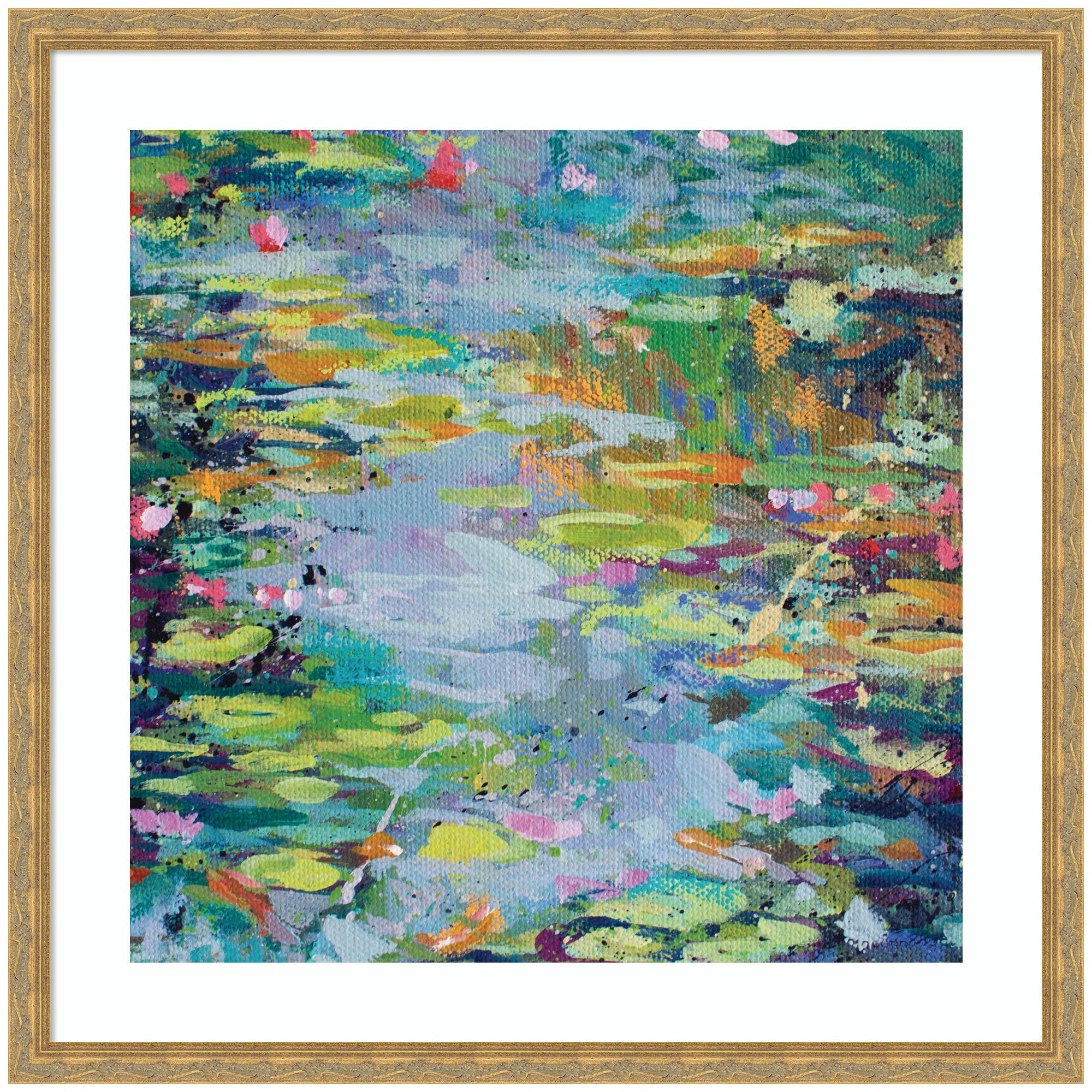 Framed printed art 'Waterlilies at Giverny' by Rachel Christopoulous showing vibrant abstract water and nature scene in Mila Dark Gold frame