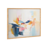 Abstract coastal beach print in soft beige, blue, and white tones framed in natural solid wood