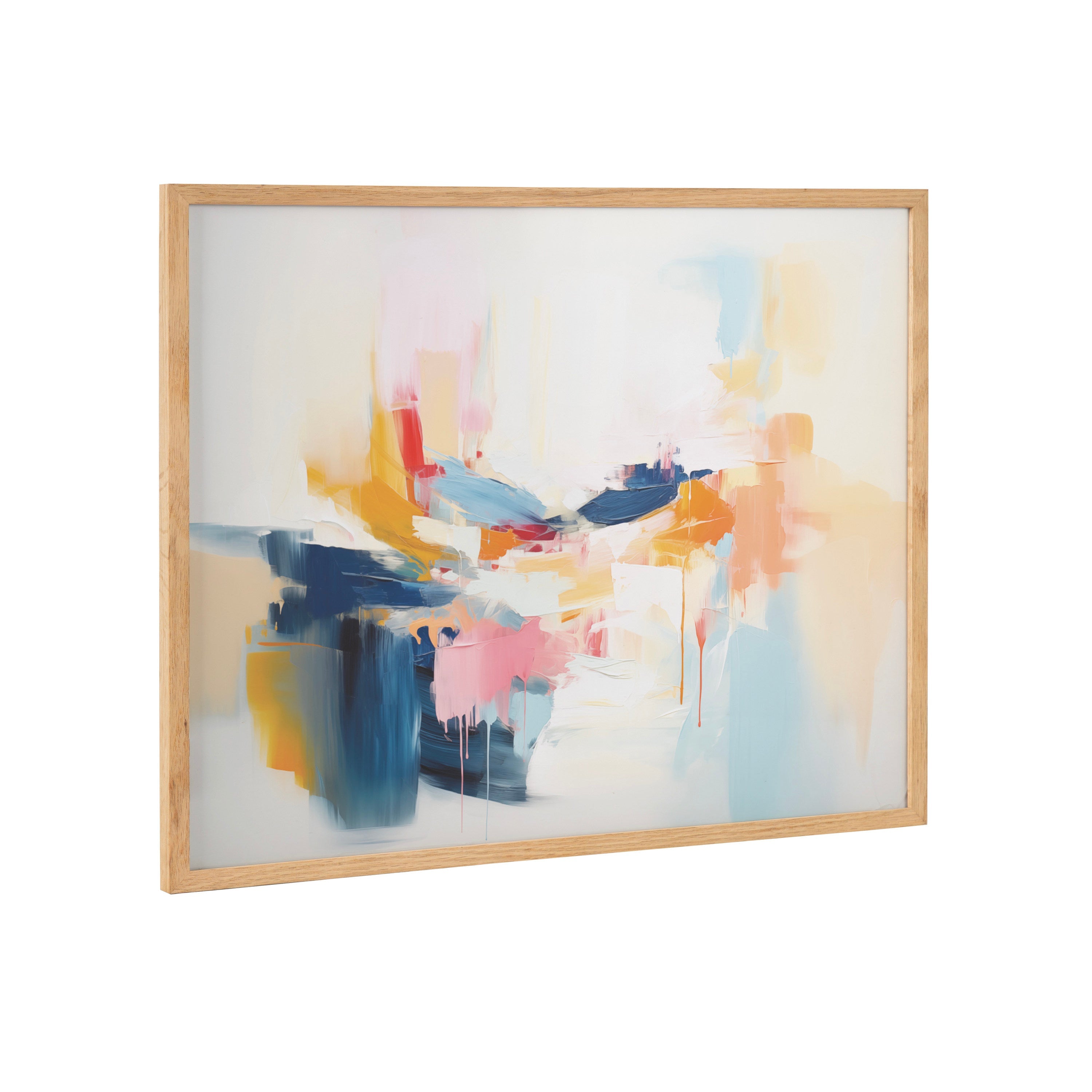 Abstract coastal beach print in soft beige, blue, and white tones framed in natural solid wood