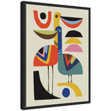 Sylvie Pelican Love framed canvas art by Rachel Lee showing abstract pelican shapes in warm tones with floating frame