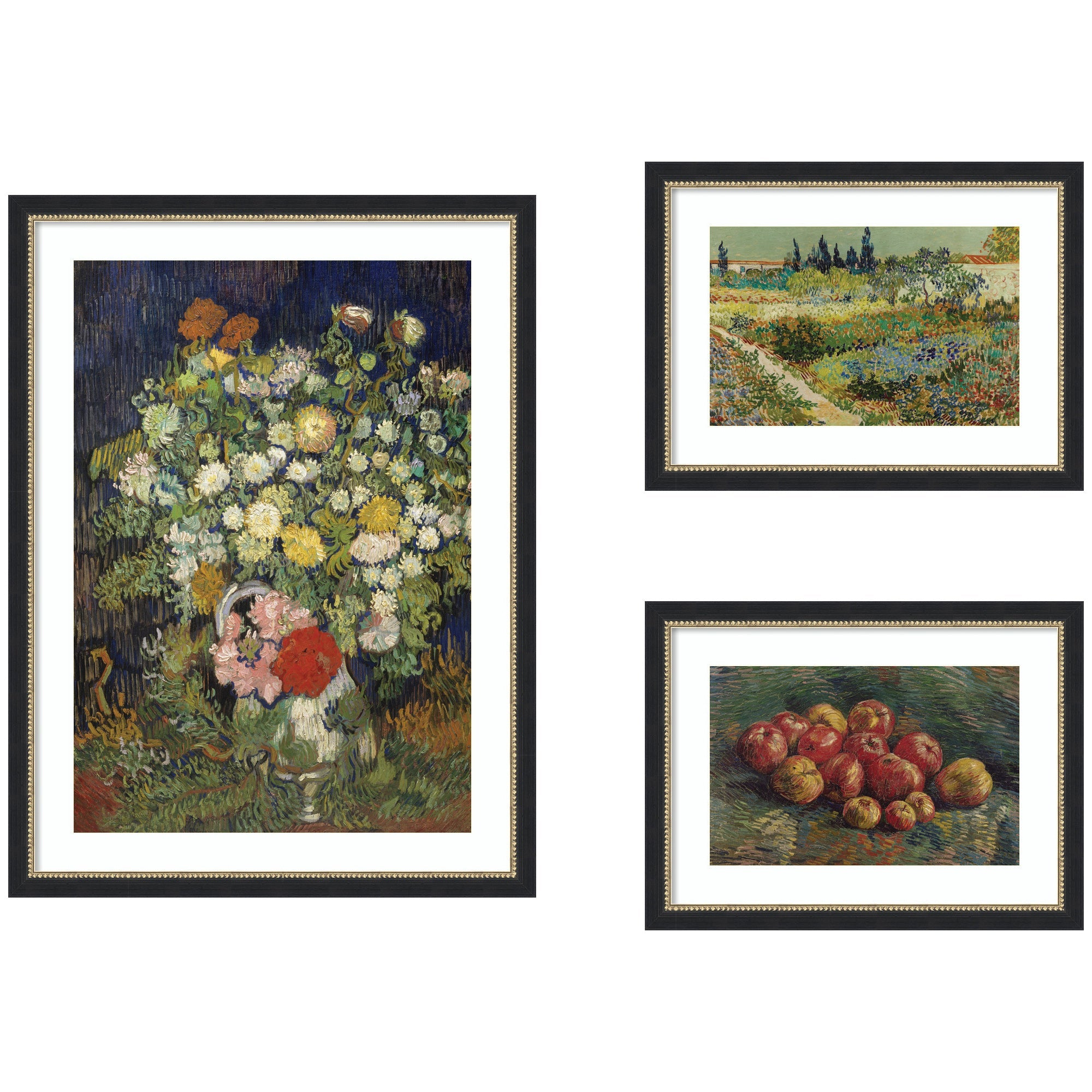 Three framed prints featuring Apples 1887, Bouquet of Flowers in a Vase 1890, and Garden at Arles by Vincent Van Gogh