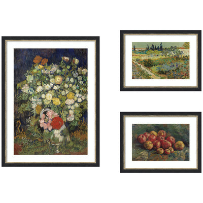 Three framed prints featuring Apples 1887, Bouquet of Flowers in a Vase 1890, and Garden at Arles by Vincent Van Gogh