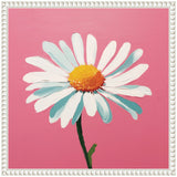 White daisy with textured yellow center and slight blue shading on petals against a solid bright pink background, framed in a white textured frame.