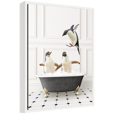 Sylvie Penguins in Classic Black and White Bath framed canvas showing penguins in black and white stencil style inside a vintage beaded white frame.