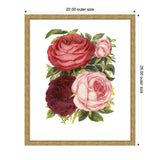 Illustrated Victorian-style bouquet featuring detailed roses in red, dark burgundy, and soft pink with green leaves, framed by a decorative golden frame.