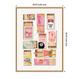 Ten colorful vintage-style matchboxes with pink and other vibrant designs arranged in a grid inside a simple wooden frame, measuring 28 by 38 inches.