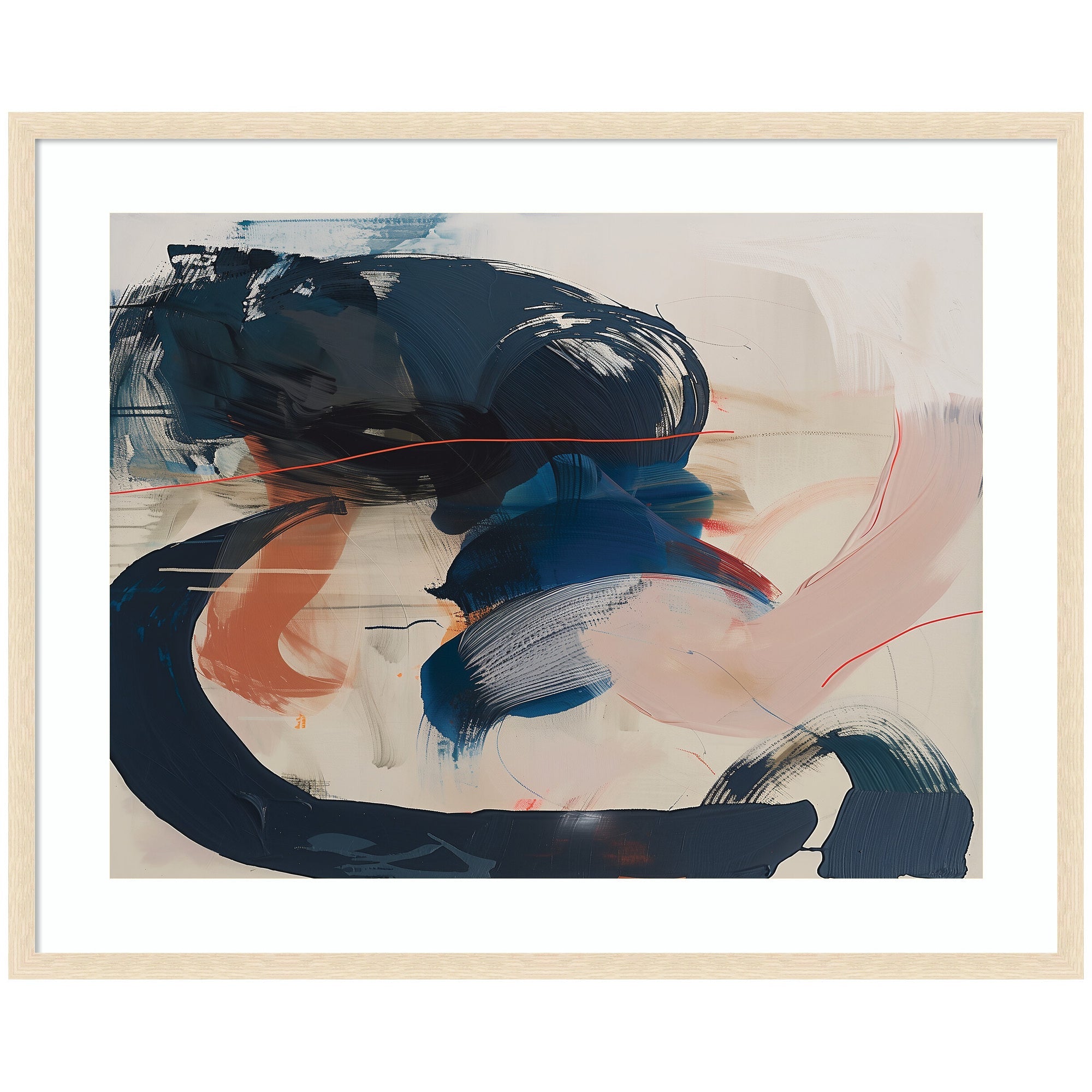 Framed Art Deep Blue Momentum I showing bold brushstrokes in dark blue, soft pink, and orange with modern framing