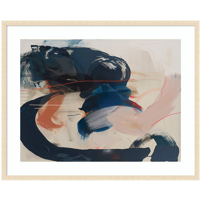 Framed Art Deep Blue Momentum I showing bold brushstrokes in dark blue, soft pink, and orange with modern framing