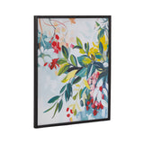 Abstract botanical print with jewel tones including teal, red, yellow, and green leaves and flowers on a light background in a thin black frame angled to the right.