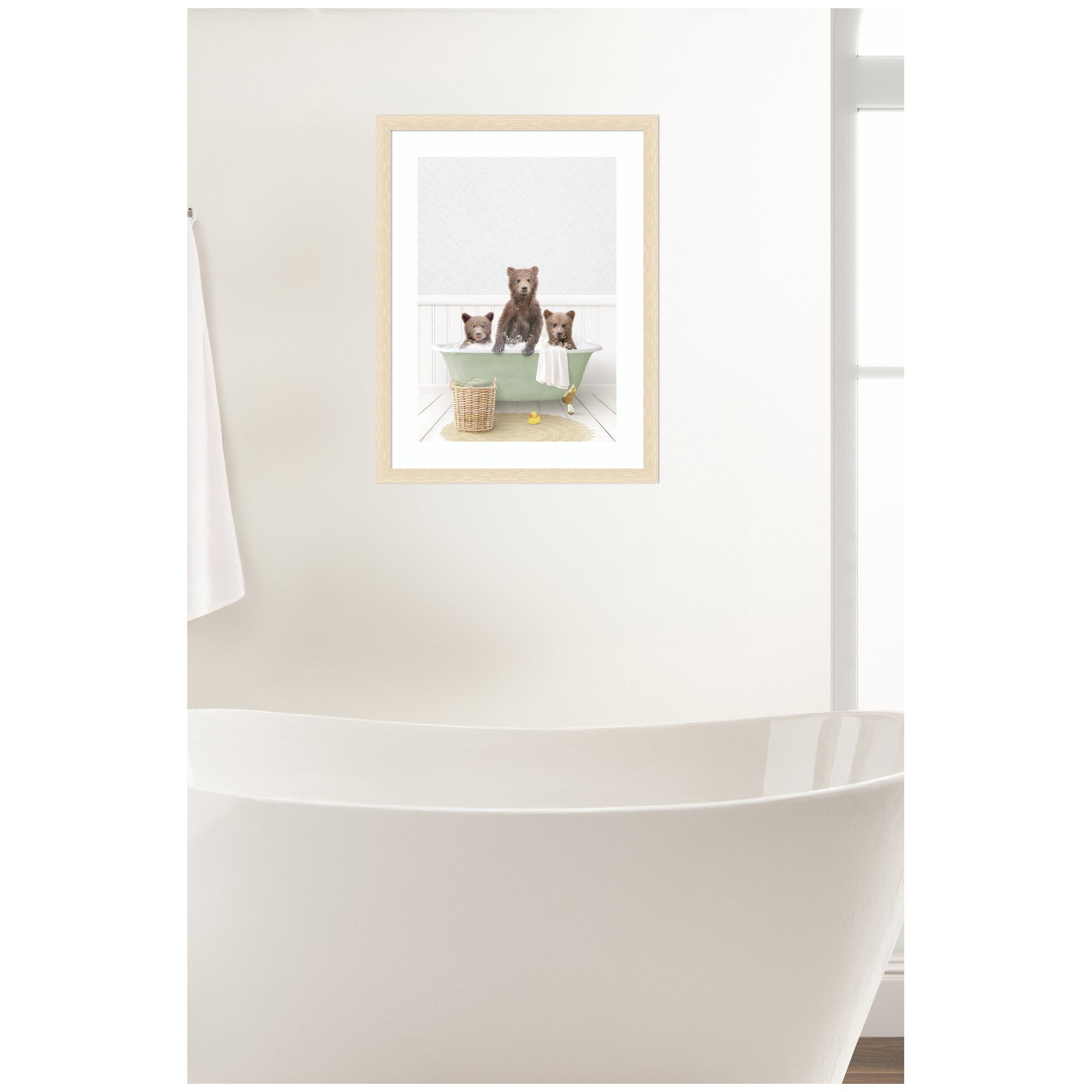 Three Bear Cubs in Cottage Green Bath by Amy Peterson Framed Wall Art Print