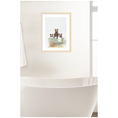 Three Bear Cubs in Cottage Green Bath by Amy Peterson Framed Wall Art Print