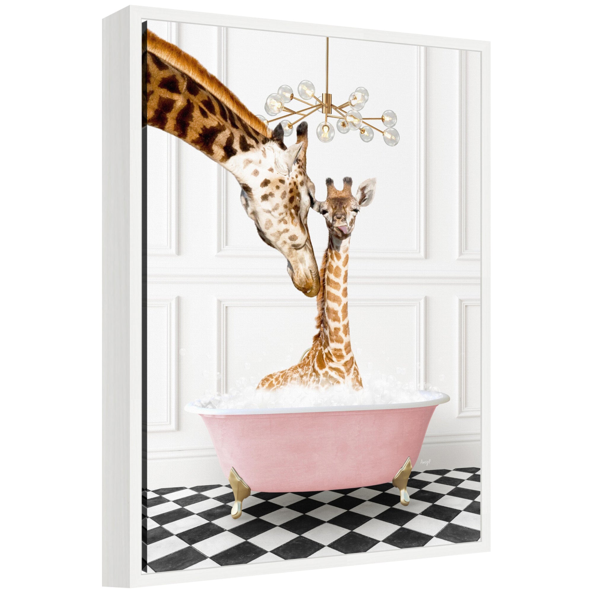 Framed canvas art showing mother and baby giraffe in a pink bathtub on a black and white checker floor