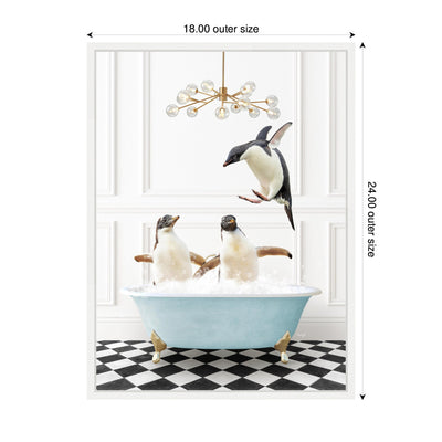 Sylvie Penguins in Blue Bathtub on Checker Floor Framed Canvas by Amy Peterson