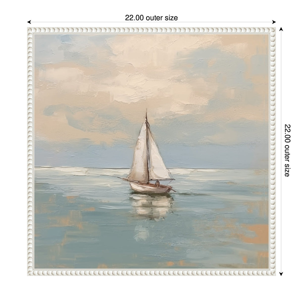 Impressionist-style pastel painting of a sailboat with white sails on calm blue-gray water under a cloudy sky, framed with a decorative white border.