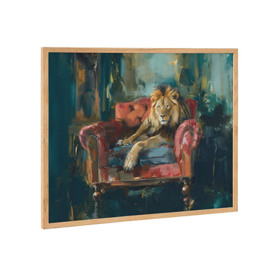 Framed lion portrait print featuring rich jewel tones, shown with Gold frame