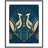 Framed Art Deco Herons Blue by Carey Copeland showing two stylized birds with a fish between them in geometric gold, teal, and white patterns