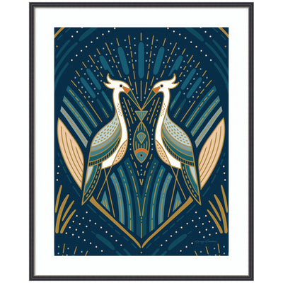 Framed Art Deco Herons Blue by Carey Copeland showing two stylized birds with a fish between them in geometric gold, teal, and white patterns