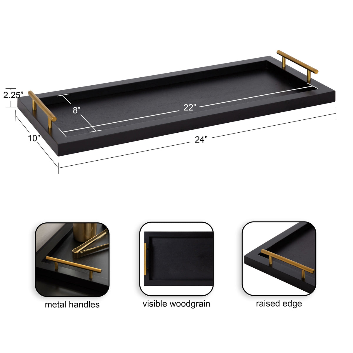 Rectangular black wooden tray with visible woodgrain, brass metal handles, and raised edges measuring 24 by 10 inches, shown with dimension labels and detail insets.
