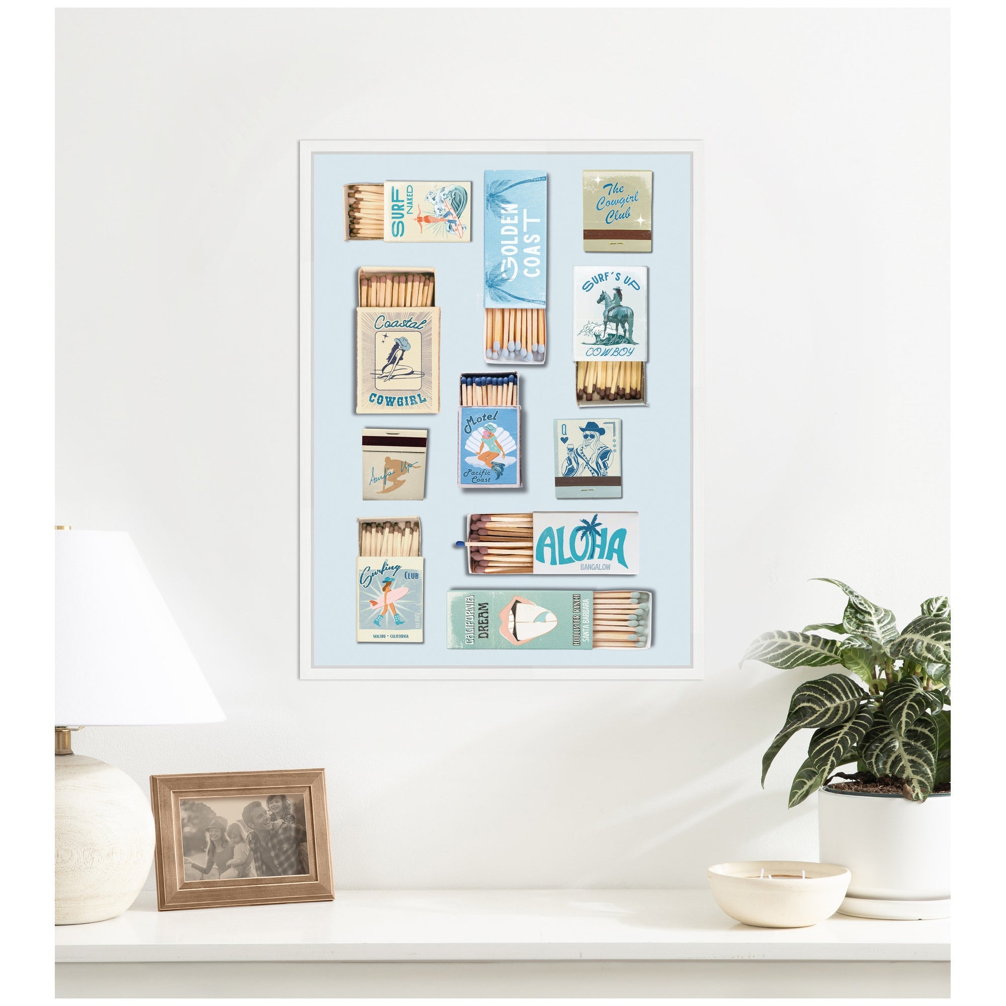 Retro Matchbox Blue Coastal Cowgirl 18x24 Framed Canvas Wall Art Print by Honey Island Studio