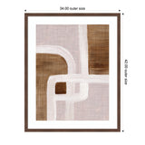 Abstract art with interlocking white and brown rhythmic lines on a textured beige background, framed in a simple wooden frame with white matting.