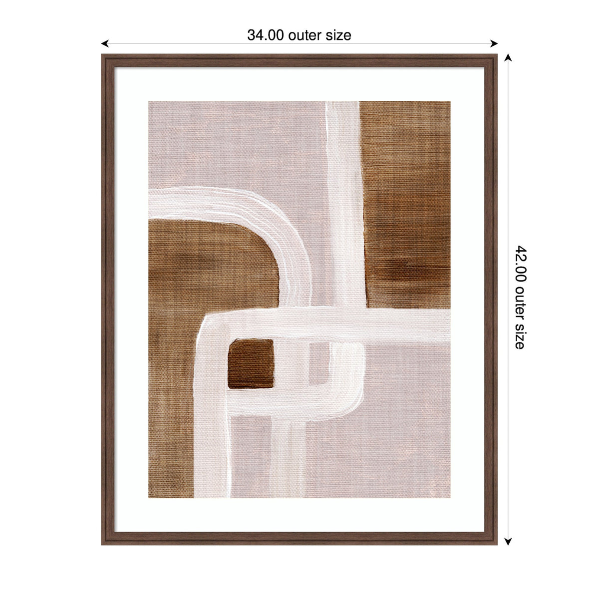 Abstract art with interlocking white and brown rhythmic lines on a textured beige background, framed in a simple wooden frame with white matting.