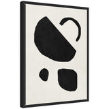 Abstract black shapes on off-white canvas include a large rounded form with a curved line above and two smaller irregular shapes below, framed in thin black wood.