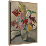 Framed canvas wall art of Vase avec bouquet de fleurs by Louis Valtat, featuring a colorful floral bouquet in shades of red, orange, and blue within a Sylvie Beaded wooden frame.