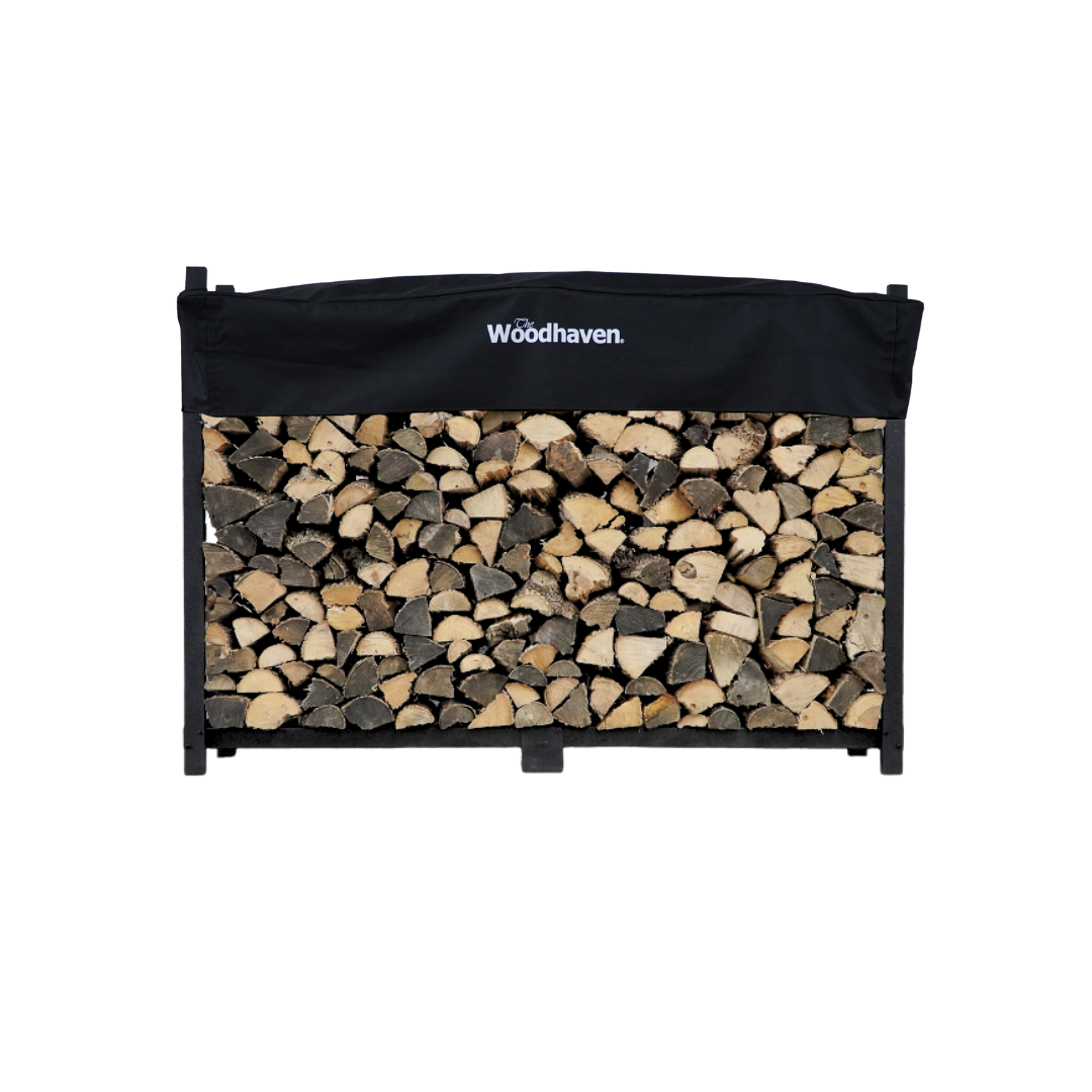 Woodhaven 6 ft Firewood Rack in black with optional cover and support bases