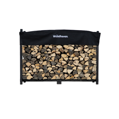 Woodhaven 6 ft Firewood Rack in black with optional cover and support bases