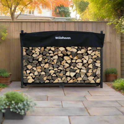 Woodhaven 6 ft Firewood Rack in black with optional cover and support bases