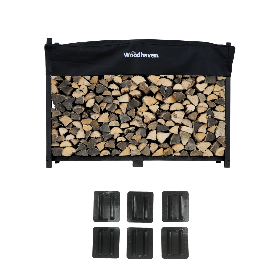 Woodhaven 6 ft Firewood Rack in black with optional cover and support bases
