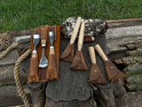 7-piece hand-forged wood carving tool set with ash wood handles and leather cases