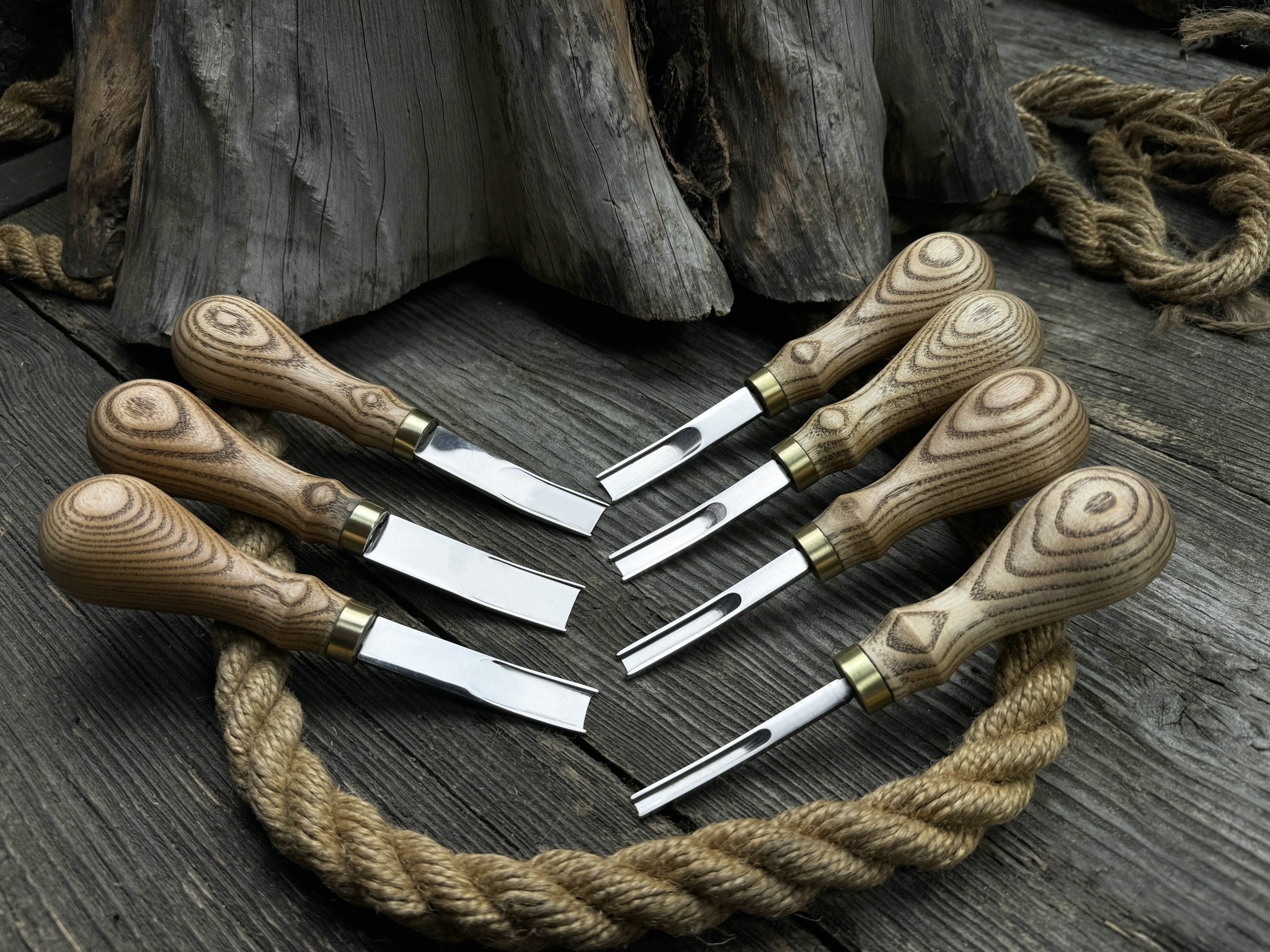 7-Piece Leather Edge Skiver Set with ash wood handles and leather case by Sharky Forged Steel Tools