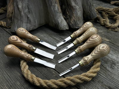 7-Piece Leather Edge Skiver Set with ash wood handles and leather case by Sharky Forged Steel Tools
