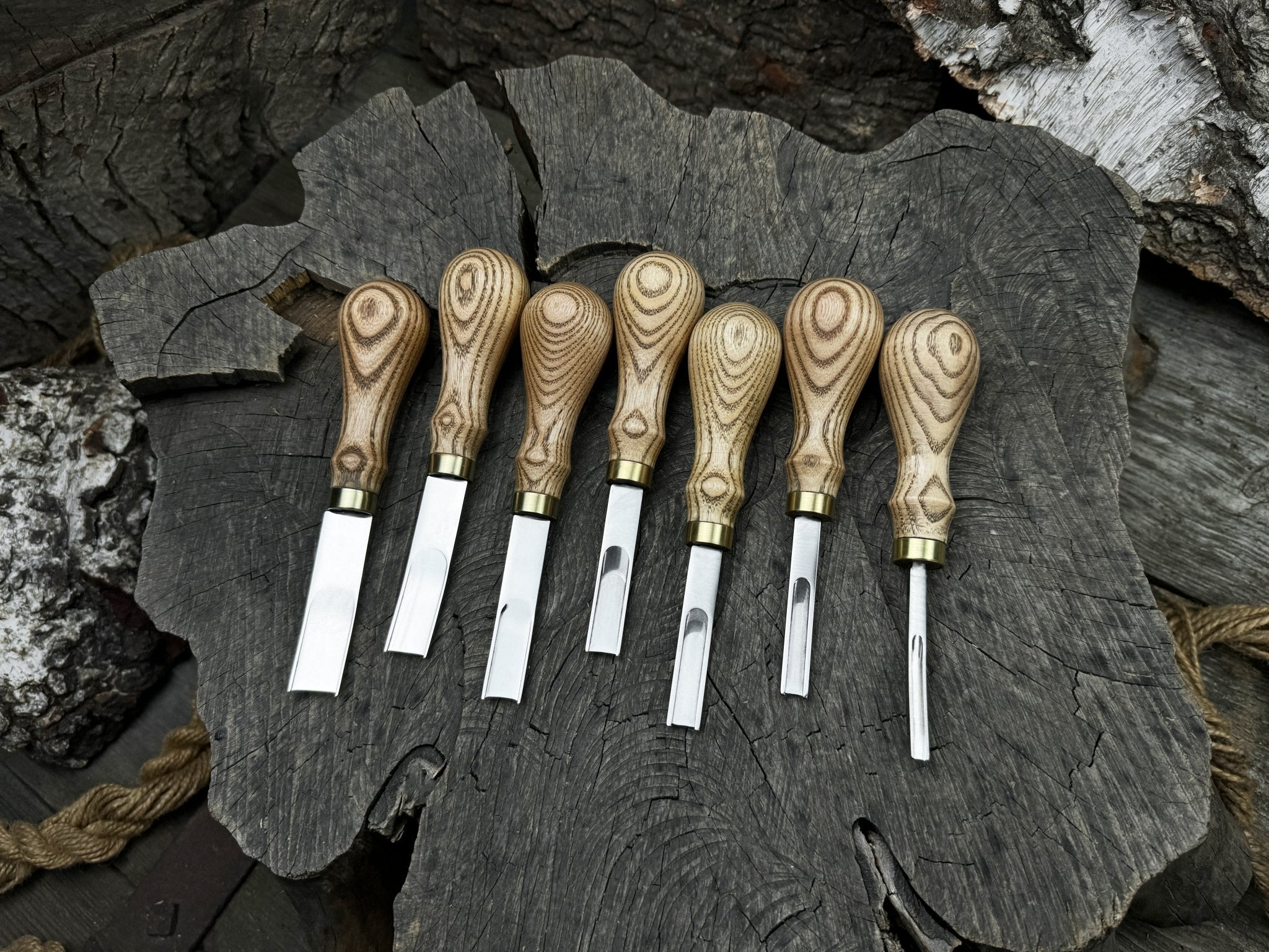 7-Piece Leather Edge Skiver Set with ash wood handles and leather case by Sharky Forged Steel Tools