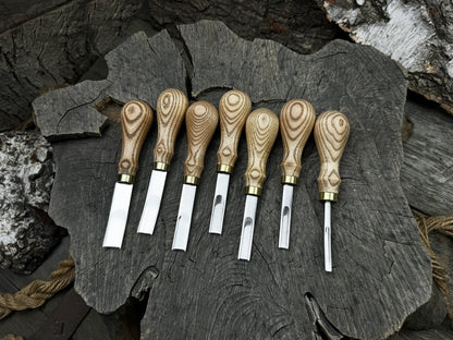 7-Piece Leather Edge Skiver Set with ash wood handles and leather case by Sharky Forged Steel Tools