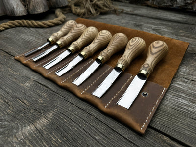 7-Piece Leather Edge Skiver Set with ash wood handles and leather case by Sharky Forged Steel Tools
