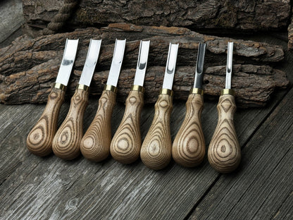 7-Piece Leather Edge Skiver Set with ash wood handles and leather case by Sharky Forged Steel Tools