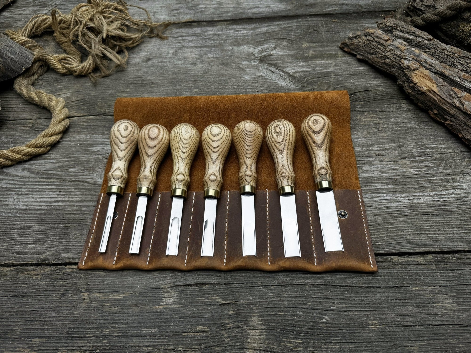 7-Piece Leather Edge Skiver Set with ash wood handles and leather case by Sharky Forged Steel Tools