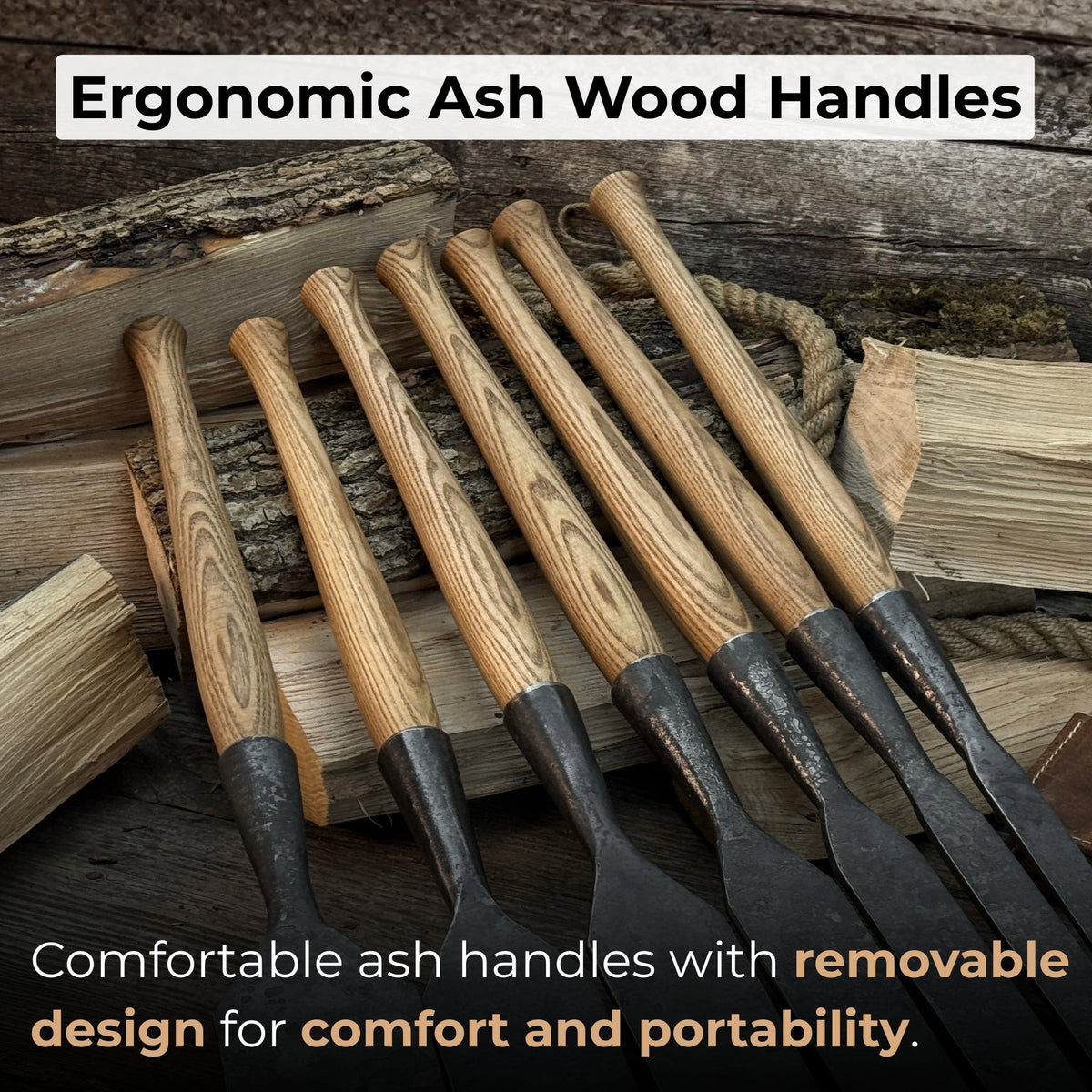 7-piece long timber framing chisel set with hand-forged steel blades and ash handles