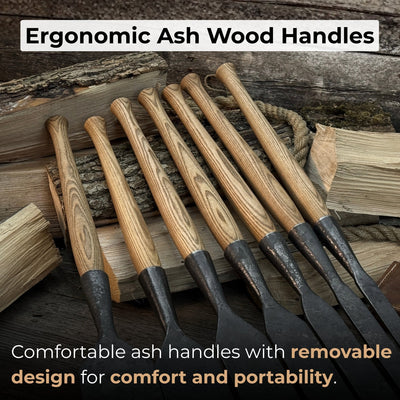 7-piece long timber framing chisel set with hand-forged steel blades and ash handles